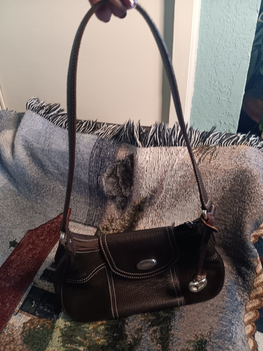Brighton Dark Brown Leather Shoulder Bag with White Stitching
